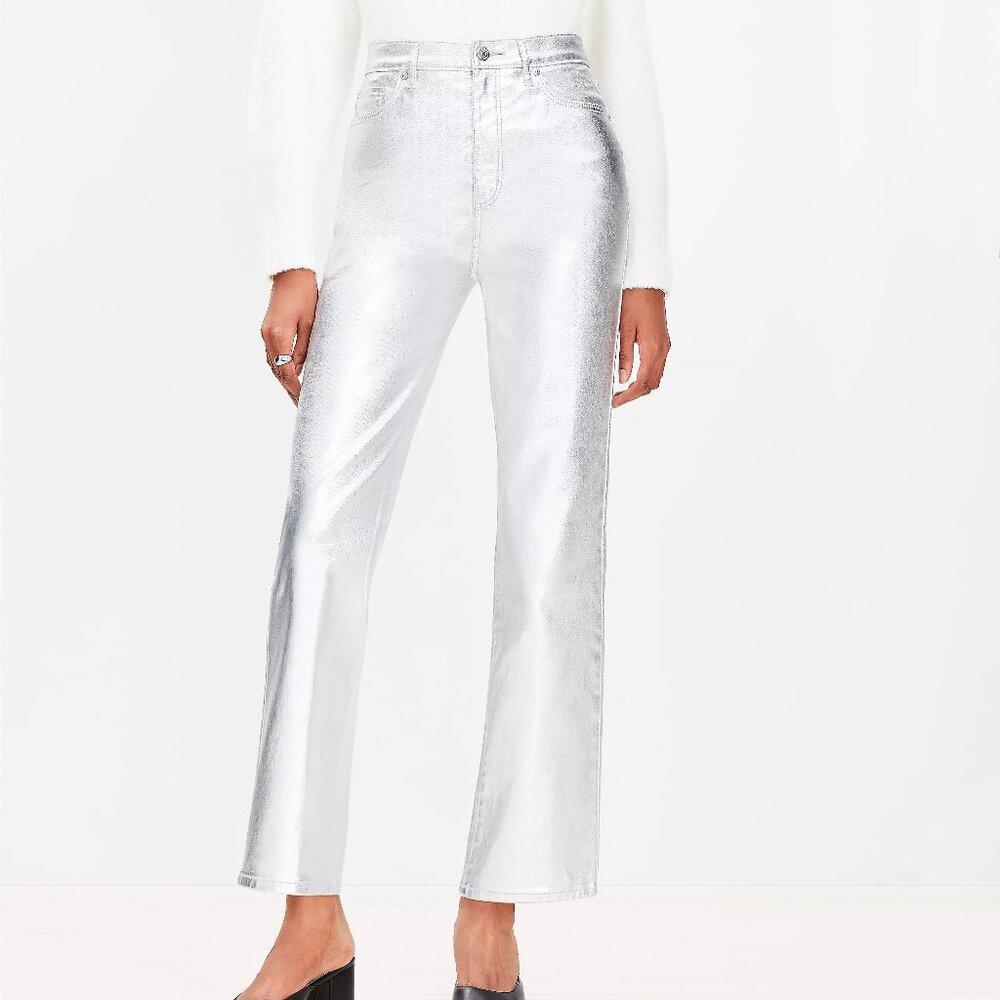 NWT LOFT Coated High Rise Straight Jeans Silver Metallic Size 26 Party Holiday